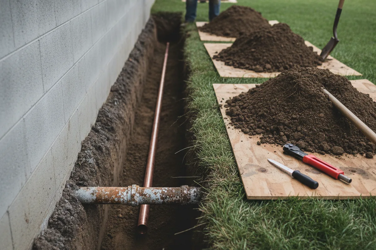 Excavated water line trench during Sewer Line Repair in Colstrip